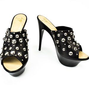 GIUSEPPE ZANOTTI: Black Leather & Silver Studded Platform Heels/Mules
